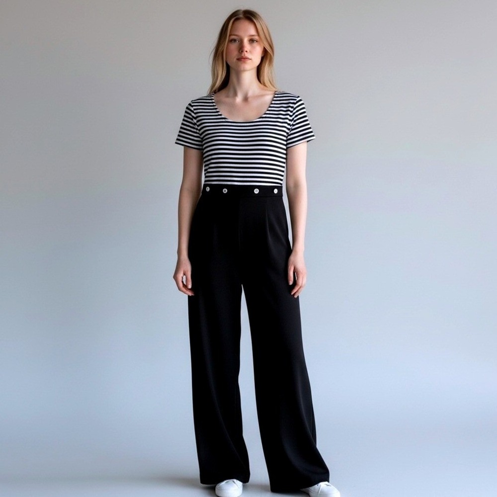 VINTAGE LA Gal Jumpsuit Black White Stripe Short Sleeve Sailor Retro French Girl